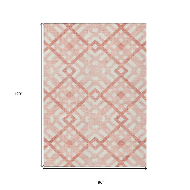8' X 10' Salmon Peach And Ivory Geometric Washable Indoor Outdoor Area Rug