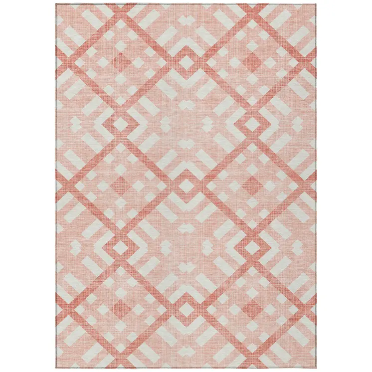 9' X 12' Salmon Peach And Ivory Geometric Washable Indoor Outdoor Area Rug