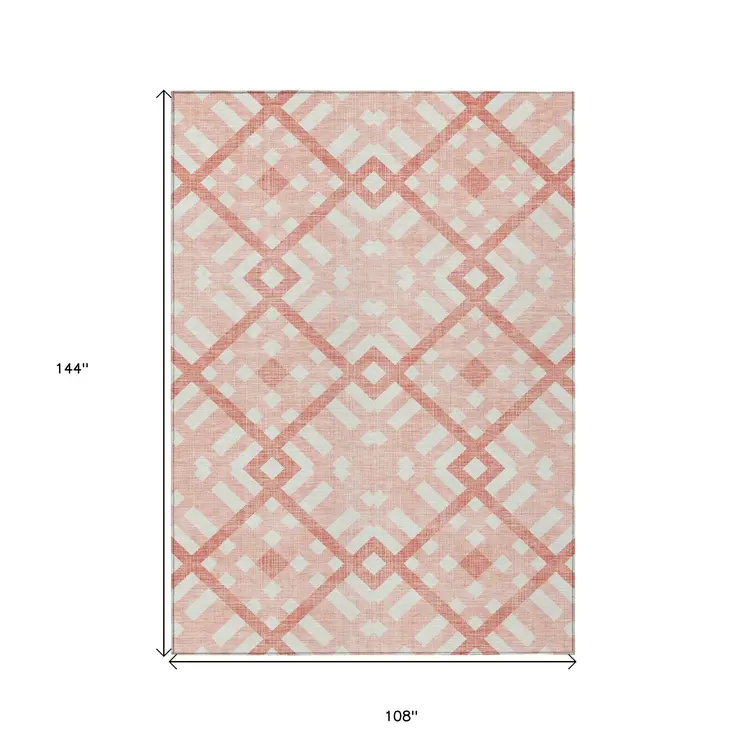 9' X 12' Salmon Peach And Ivory Geometric Washable Indoor Outdoor Area Rug