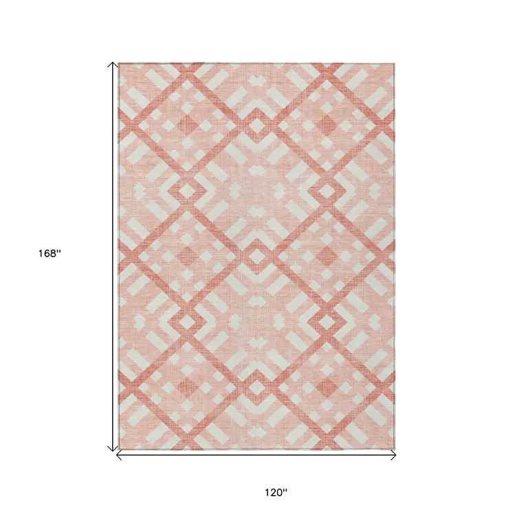 10' X 14' Salmon Peach And Ivory Geometric Washable Indoor Outdoor Area Rug