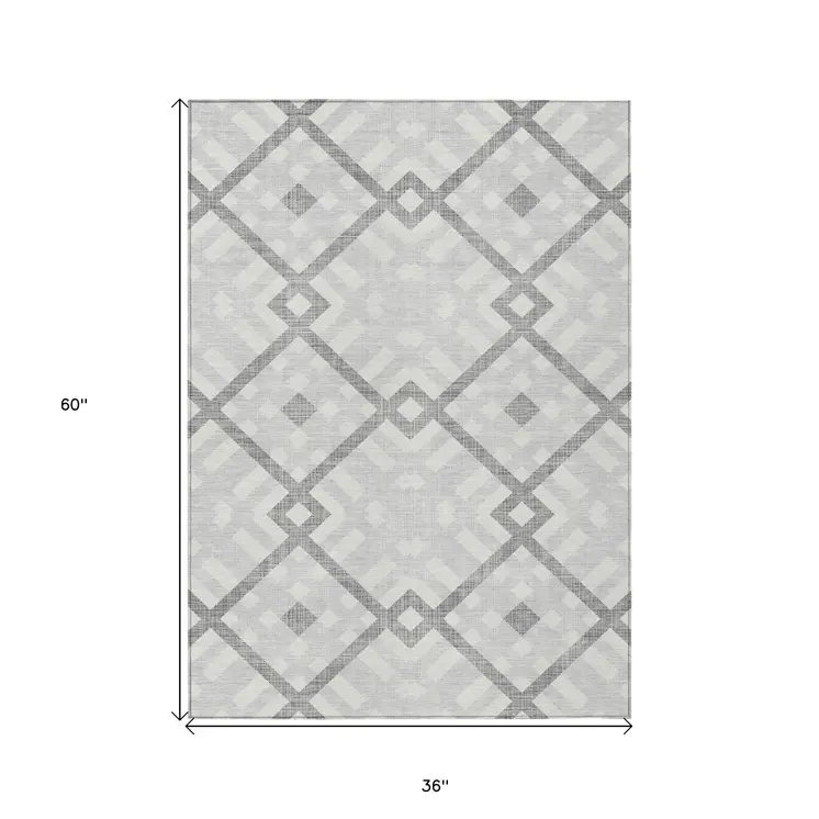 3' X 5' Silver Gray And Ivory Geometric Washable Indoor Outdoor Area Rug