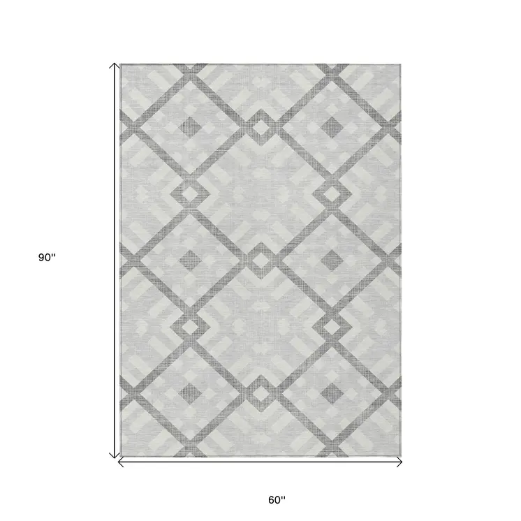 5' X 8' Silver Gray And Ivory Geometric Washable Indoor Outdoor Area Rug