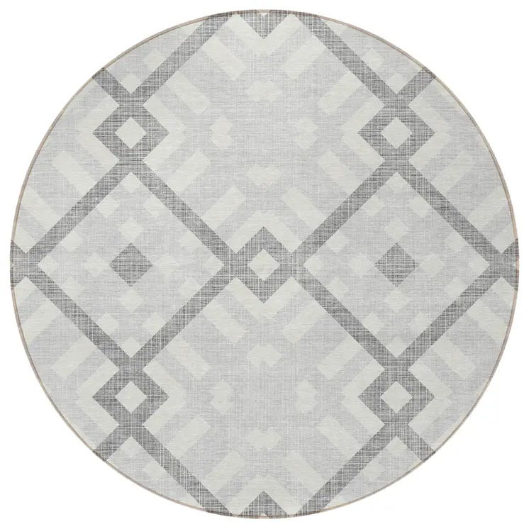 8' Silver Gray And Ivory Round Geometric Washable Indoor Outdoor Area Rug