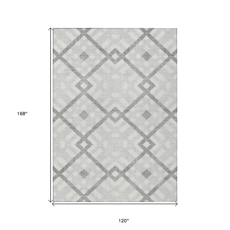 10' X 14' Silver Gray And Ivory Geometric Washable Indoor Outdoor Area Rug