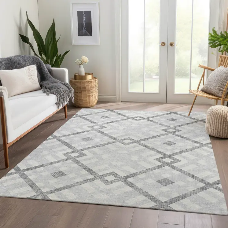 10' X 14' Silver Gray And Ivory Geometric Washable Indoor Outdoor Area Rug