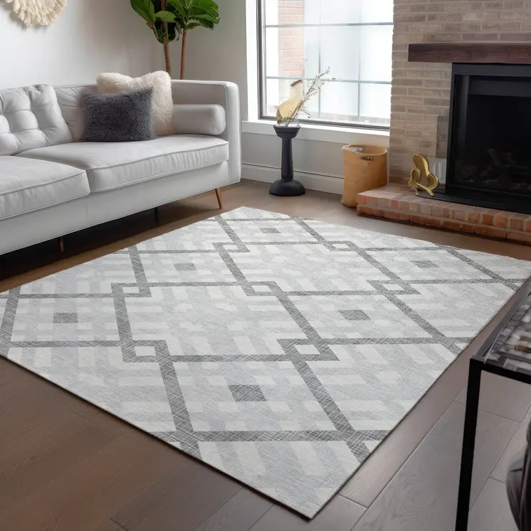 10' X 14' Silver Gray And Ivory Geometric Washable Indoor Outdoor Area Rug