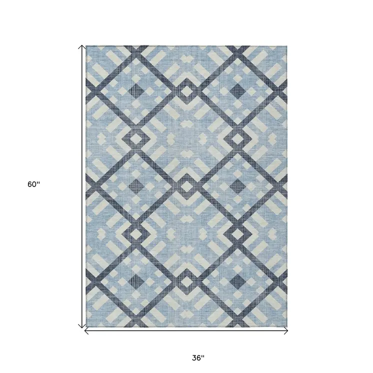 3' X 5' Sky Blue Navy Blue And Ivory Geometric Washable Indoor Outdoor Area Rug