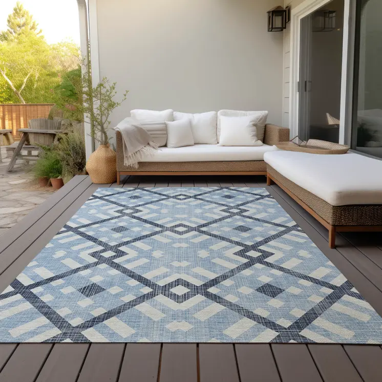 5' X 8' Sky Blue Navy Blue And Ivory Geometric Washable Indoor Outdoor Area Rug