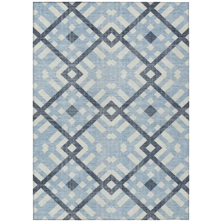 5' X 8' Sky Blue Navy Blue And Ivory Geometric Washable Indoor Outdoor Area Rug