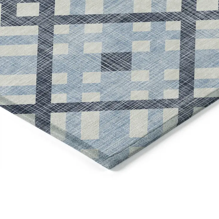 5' X 8' Sky Blue Navy Blue And Ivory Geometric Washable Indoor Outdoor Area Rug