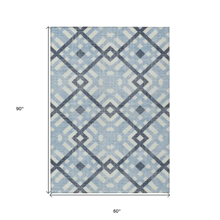5' X 8' Sky Blue Navy Blue And Ivory Geometric Washable Indoor Outdoor Area Rug