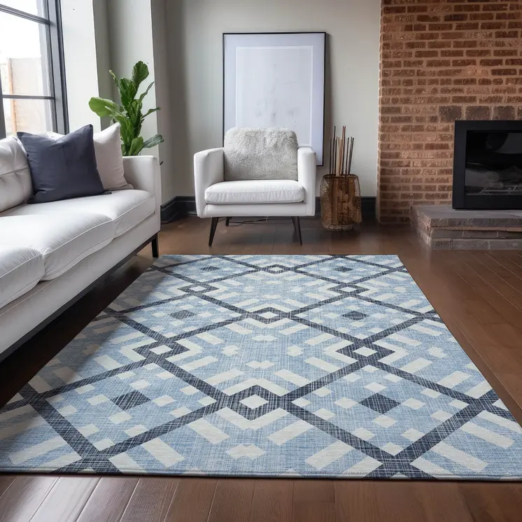 5' X 8' Sky Blue Navy Blue And Ivory Geometric Washable Indoor Outdoor Area Rug