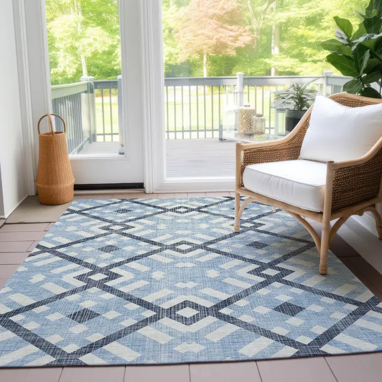 5' X 8' Sky Blue Navy Blue And Ivory Geometric Washable Indoor Outdoor Area Rug