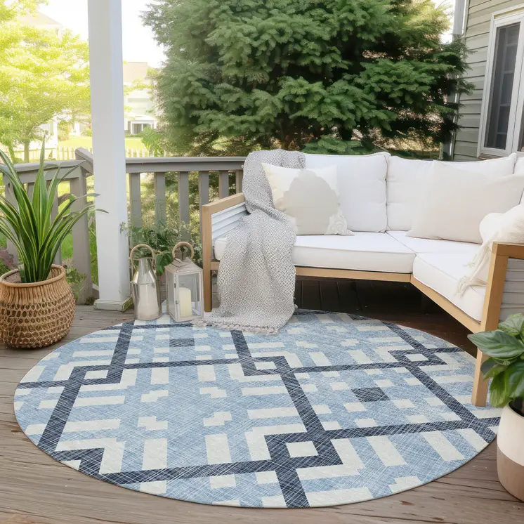 8' Sky Blue Navy Blue And Ivory Round Geometric Washable Indoor Outdoor Area Rug
