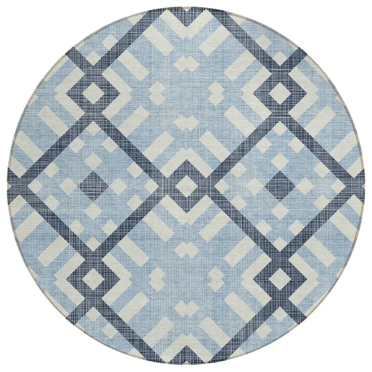 8' Sky Blue Navy Blue And Ivory Round Geometric Washable Indoor Outdoor Area Rug