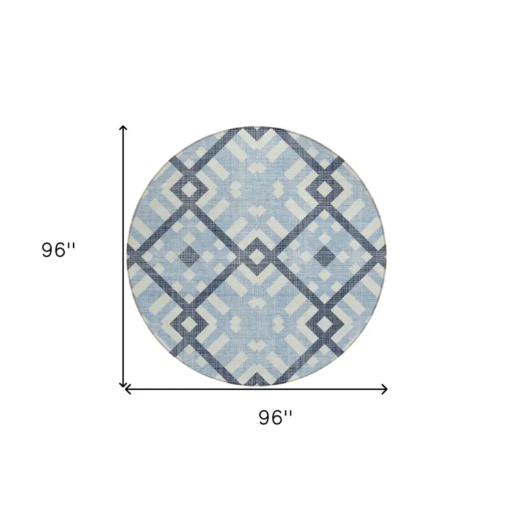 8' Sky Blue Navy Blue And Ivory Round Geometric Washable Indoor Outdoor Area Rug