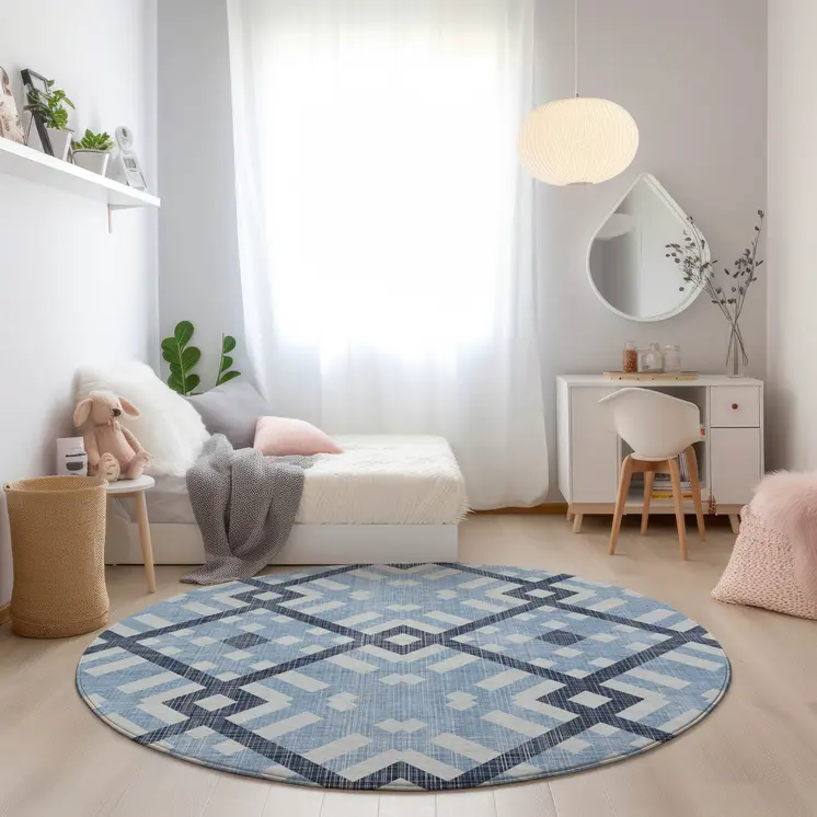 8' Sky Blue Navy Blue And Ivory Round Geometric Washable Indoor Outdoor Area Rug