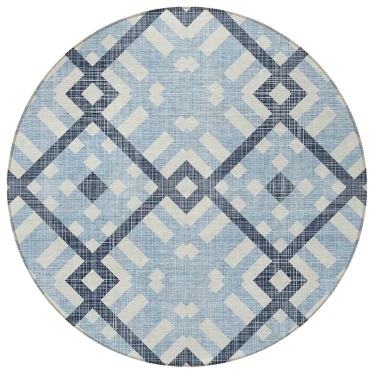 8' Sky Blue Navy Blue And Ivory Round Geometric Washable Indoor Outdoor Area Rug
