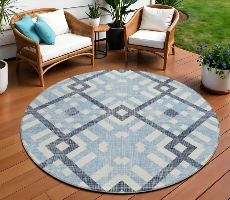 8' Sky Blue Navy Blue And Ivory Round Geometric Washable Indoor Outdoor Area Rug
