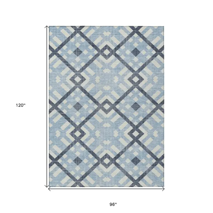8' X 10' Sky Blue Navy Blue And Ivory Geometric Washable Indoor Outdoor Area Rug
