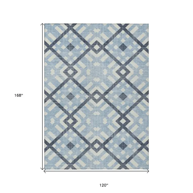 10' X 14' Sky Blue Navy Blue And Ivory Geometric Washable Indoor Outdoor Area Rug