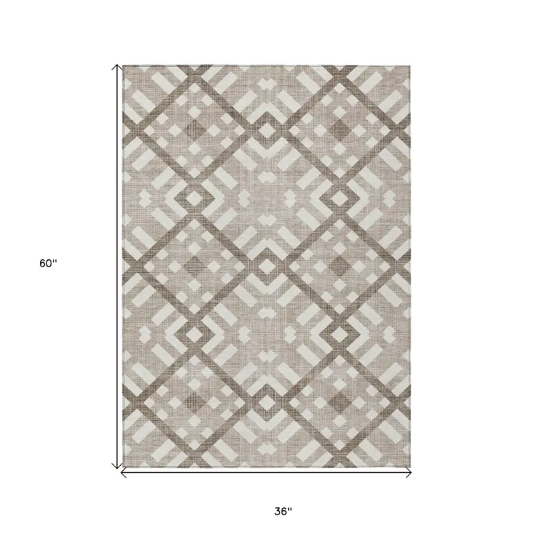 3' X 5' Taupe Brown And Ivory Geometric Washable Indoor Outdoor Area Rug