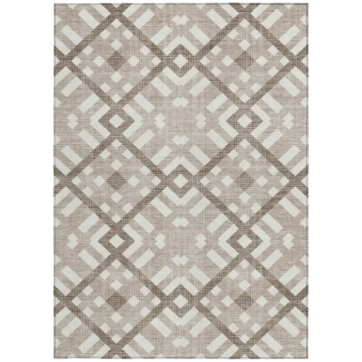 10' X 14' Taupe Brown And Ivory Geometric Washable Indoor Outdoor Area Rug
