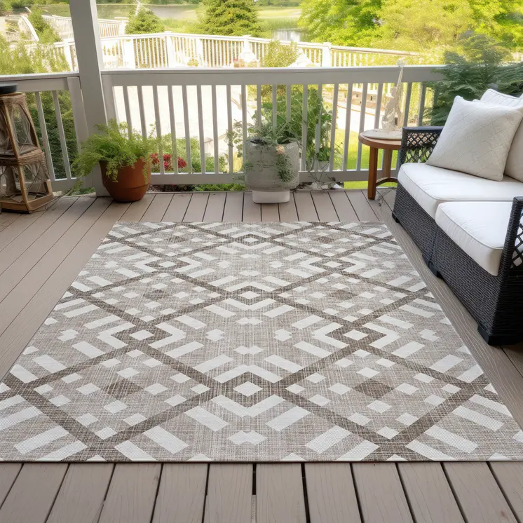 10' X 14' Taupe Brown And Ivory Geometric Washable Indoor Outdoor Area Rug