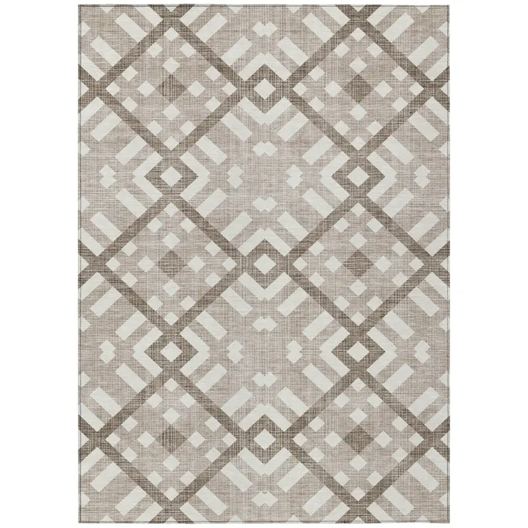 10' X 14' Taupe Brown And Ivory Geometric Washable Indoor Outdoor Area Rug