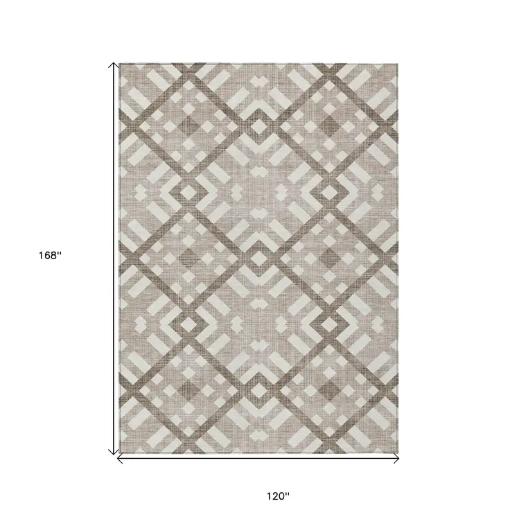 10' X 14' Taupe Brown And Ivory Geometric Washable Indoor Outdoor Area Rug