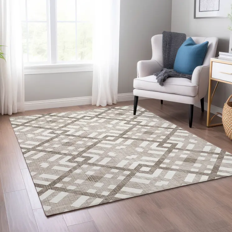 10' X 14' Taupe Brown And Ivory Geometric Washable Indoor Outdoor Area Rug