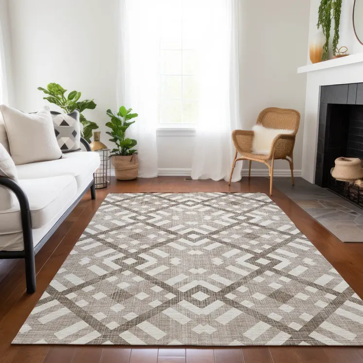 10' X 14' Taupe Brown And Ivory Geometric Washable Indoor Outdoor Area Rug