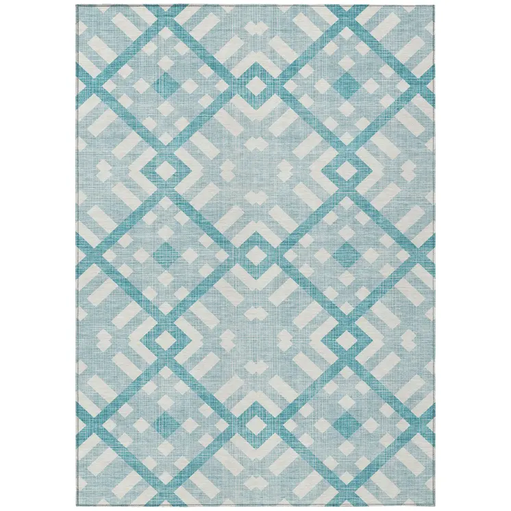5' X 8' Teal Blue Aqua And Ivory Geometric Washable Indoor Outdoor Area Rug