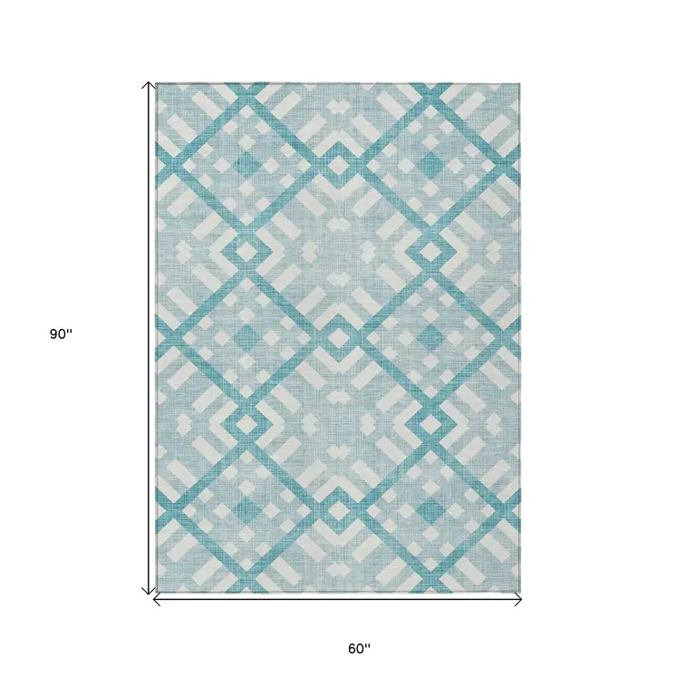 5' X 8' Teal Blue Aqua And Ivory Geometric Washable Indoor Outdoor Area Rug