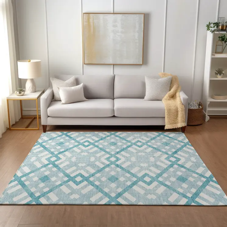 5' X 8' Teal Blue Aqua And Ivory Geometric Washable Indoor Outdoor Area Rug