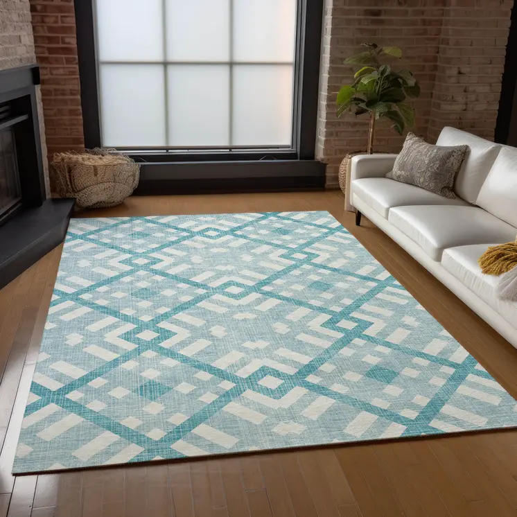 5' X 8' Teal Blue Aqua And Ivory Geometric Washable Indoor Outdoor Area Rug