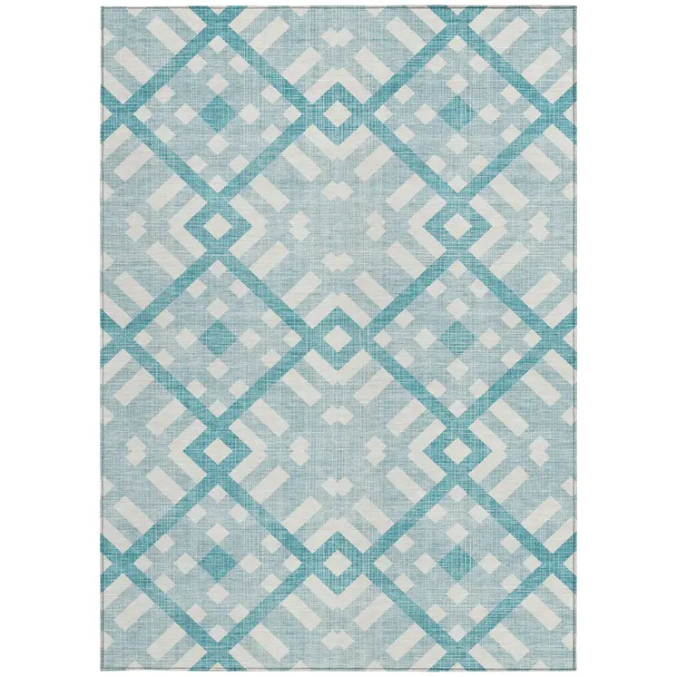 8' X 10' Teal Blue Aqua And Ivory Geometric Washable Indoor Outdoor Area Rug