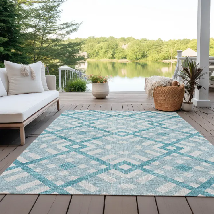 8' X 10' Teal Blue Aqua And Ivory Geometric Washable Indoor Outdoor Area Rug