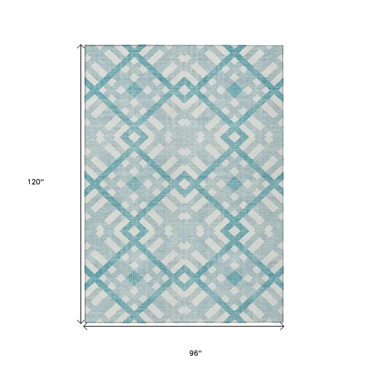 8' X 10' Teal Blue Aqua And Ivory Geometric Washable Indoor Outdoor Area Rug