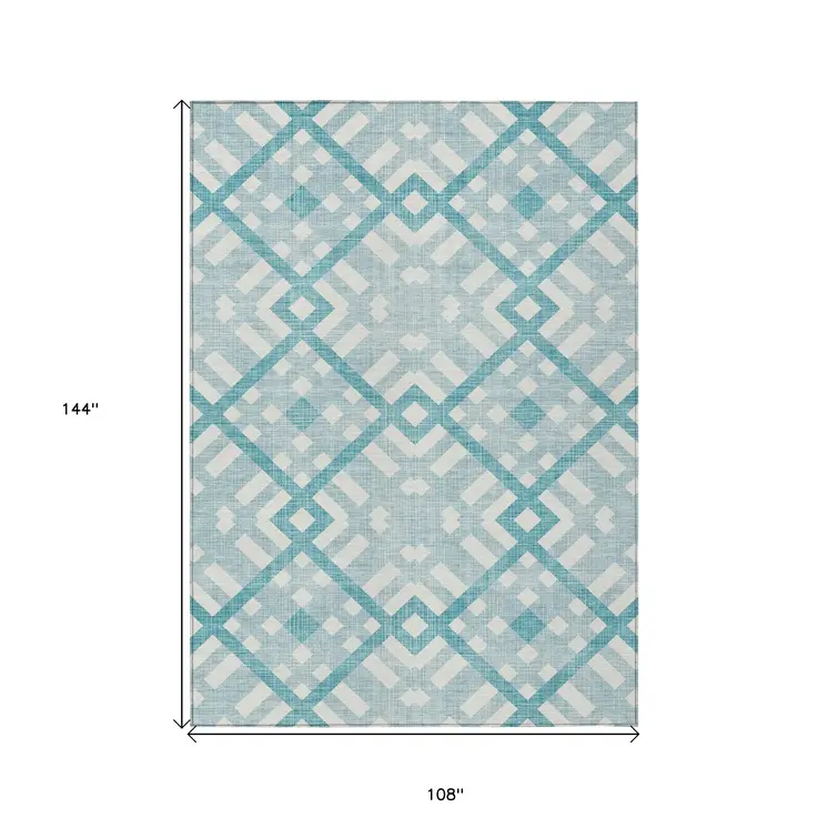 9' X 12' Teal Blue Aqua And Ivory Geometric Washable Indoor Outdoor Area Rug
