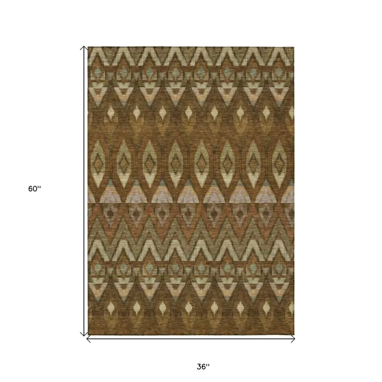 3' X 5' Brown Beige And Artichoke Green Southwestern Washable Indoor Outdoor Area Rug