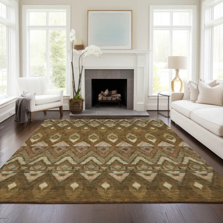 3' X 5' Brown Beige And Artichoke Green Southwestern Washable Indoor Outdoor Area Rug
