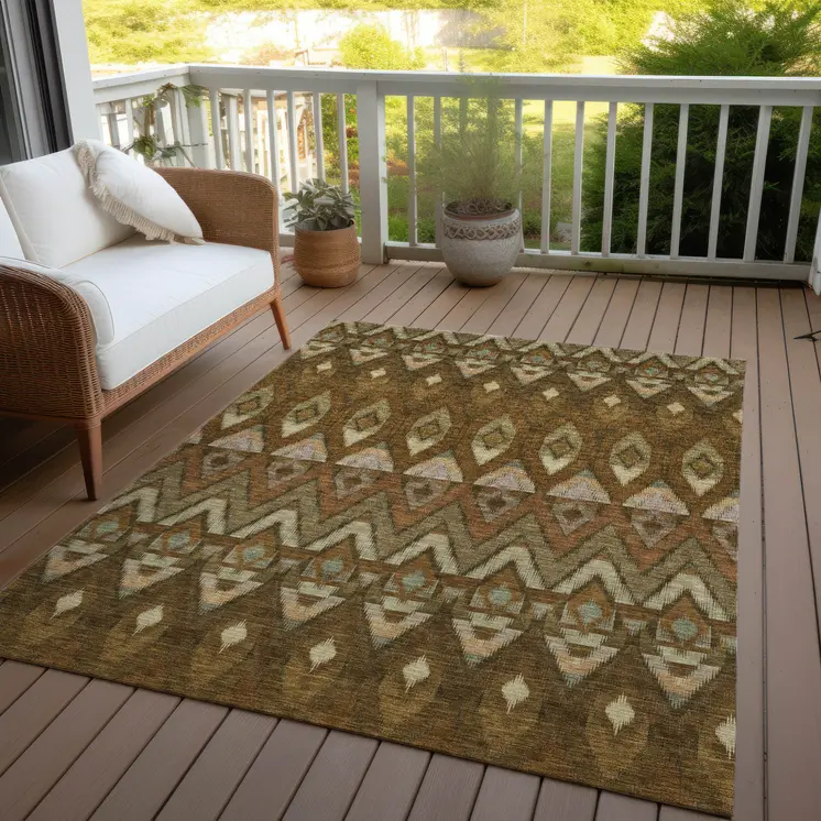 5' X 8' Brown Beige And Artichoke Green Southwestern Washable Indoor Outdoor Area Rug