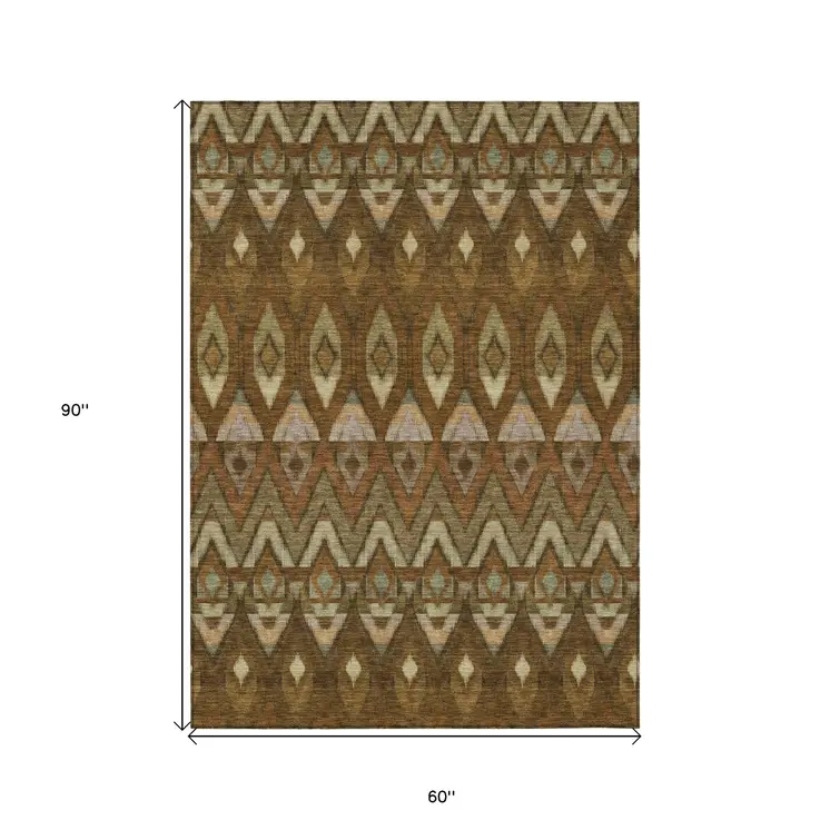 5' X 8' Brown Beige And Artichoke Green Southwestern Washable Indoor Outdoor Area Rug