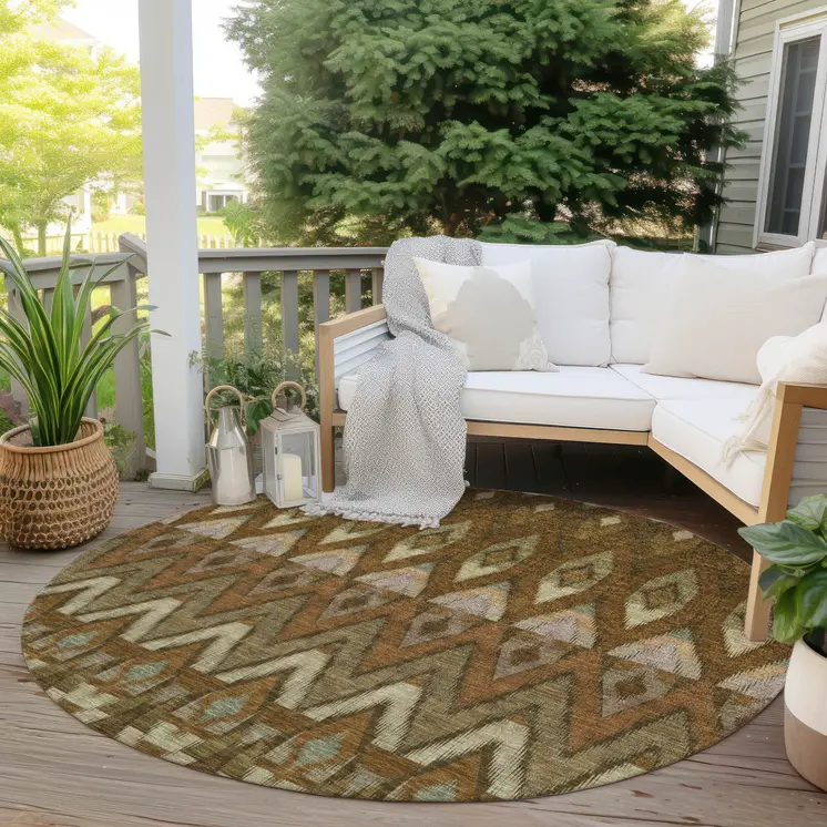 8' Brown Beige And Artichoke Green Round Southwestern Washable Indoor Outdoor Area Rug