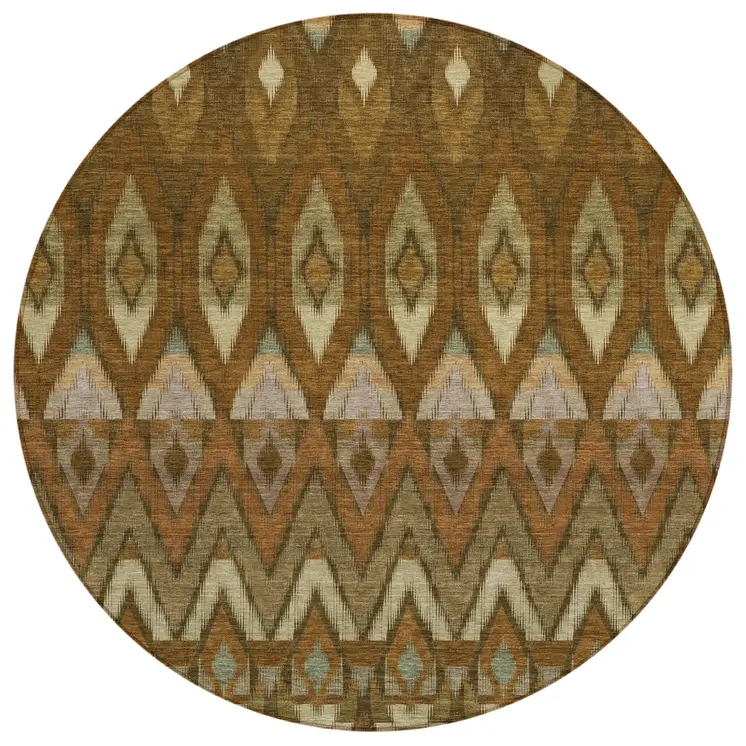 8' Brown Beige And Artichoke Green Round Southwestern Washable Indoor Outdoor Area Rug