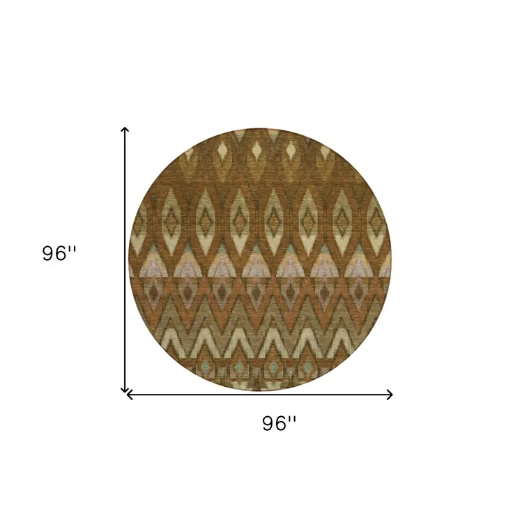 8' Brown Beige And Artichoke Green Round Southwestern Washable Indoor Outdoor Area Rug