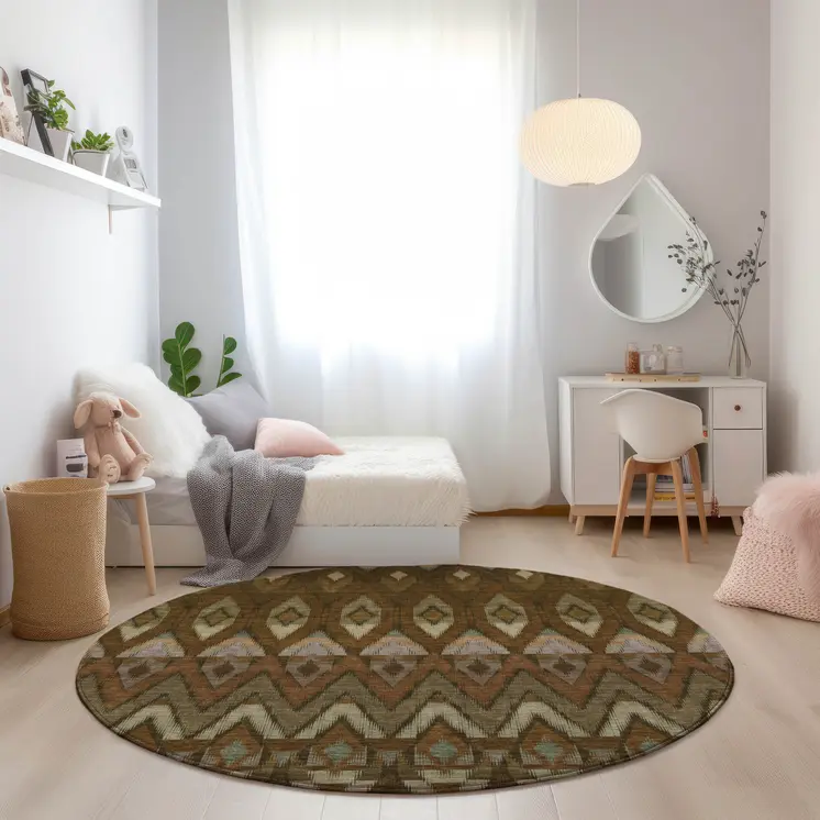 8' Brown Beige And Artichoke Green Round Southwestern Washable Indoor Outdoor Area Rug