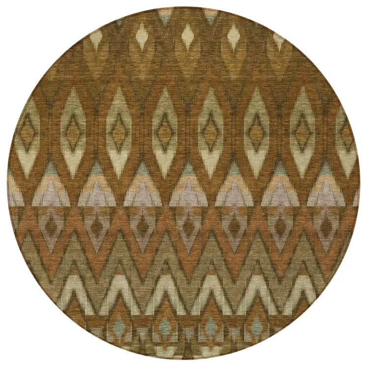 8' Brown Beige And Artichoke Green Round Southwestern Washable Indoor Outdoor Area Rug