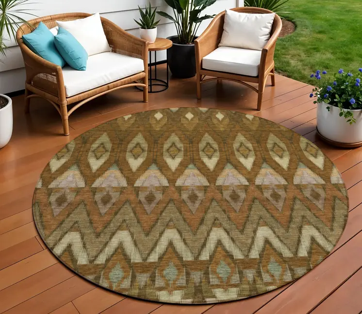 8' Brown Beige And Artichoke Green Round Southwestern Washable Indoor Outdoor Area Rug